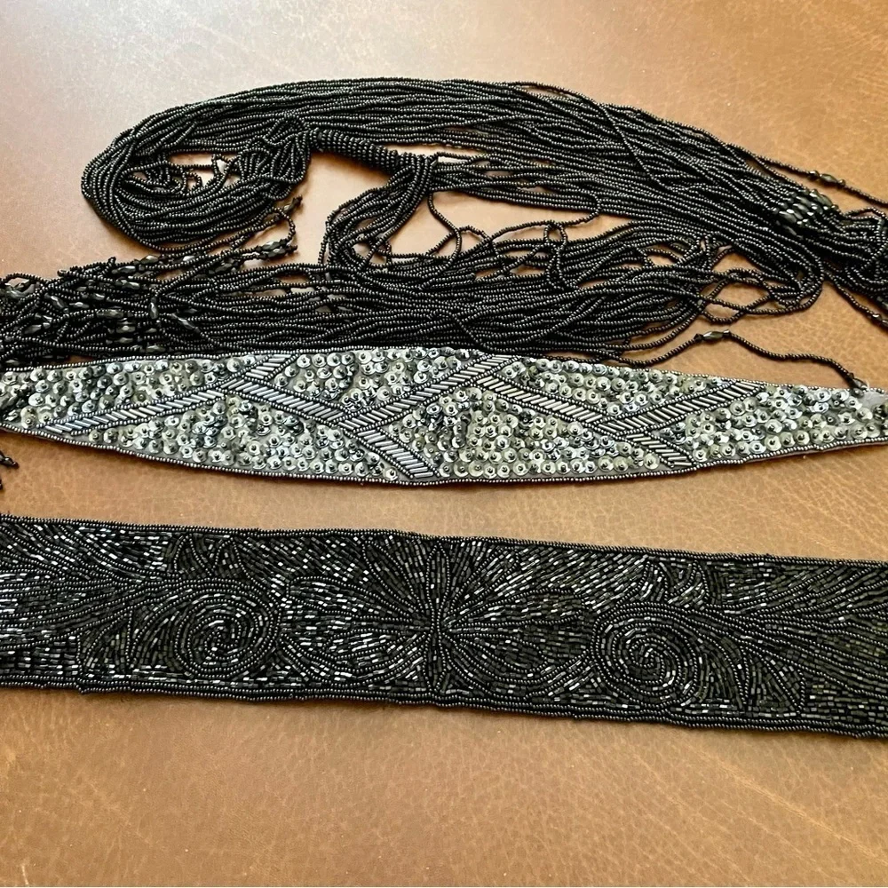 3 Elegant Black and Silver Women's Belts, Beaded & Sequined.